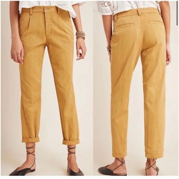 Anthropologie Scout Slim Pleated Tan Pants Embroidered Stripes Size 27 - Picture 1 of 16